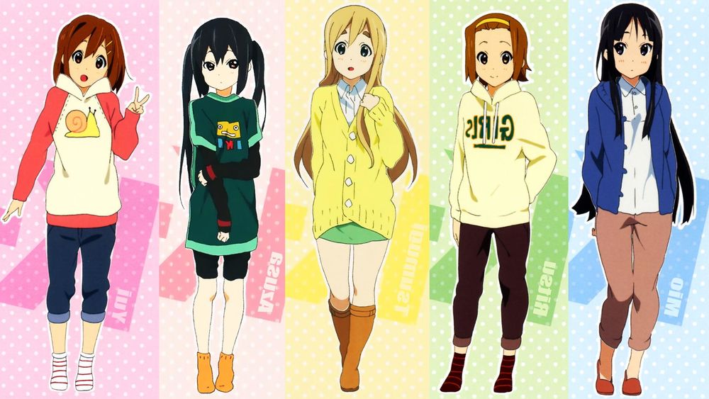 Обои для рабочего стола Юи Хирасава / Yui Hirasawa, Адзуса Накано / Azusa Nakano, Цумуги Котобуки / Tsumugi Kotobuki, Рицу Тайнака / Ritsu Tainaka, Мио Акияма / Mio Akiyama, аниме K-On!