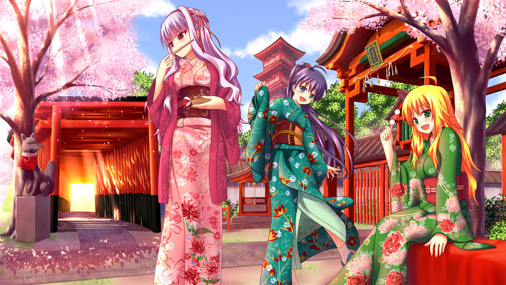 Обои для рабочего стола Три девушки в кимоно на празднике