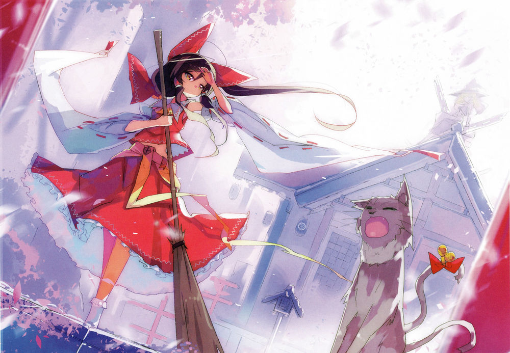 Обои для рабочего стола Кот, Reimu Hakurei / Рейму Хакурей с метлой и Marisa Kirisame на крыше японского храма, из игры Проект Восток / Touhou Project, art by 6u