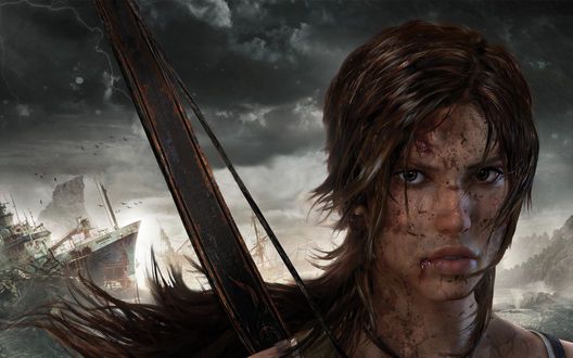Обои на рабочий стол Lara Croft / Лара Крофт испачканная в ссадинах и царапинах, стоит на берегу острова на фоне выброшенных на берег кораблей, персонаж из игры Tomb Raider / Расхитительница гробниц (2013)
