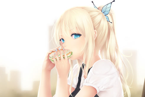 Обои на рабочий стол Сэна Касивадзаки / Sena Kashiwazaki, ест сэндвич, персонаж из аниме У меня мало друзей / Boku wa Tomodachi ga Sukunai, art by Cait