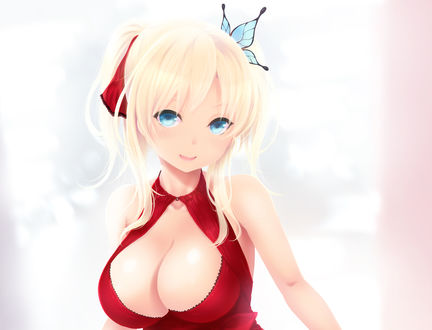 Обои на рабочий стол Сэна Касивадзаки / Sena Kashiwazaki, в красном платье с открытым декольте, персонаж из аниме У меня мало друзей / Boku wa Tomodachi ga Sukunai, art by Cait