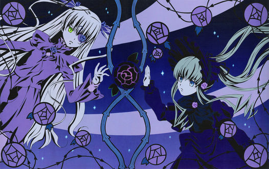 Обои на рабочий стол Barasuishou и Shinku / Синку из аниме Rozen Maiden / Девы Розена, art by Peach-pit