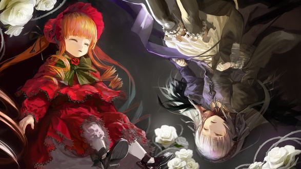 Обои на рабочий стол Suigintou / Суигинто и Shinku с закрытыми глазами лежат среди белых роз, аниме Rozen Maiden / Девы Розена