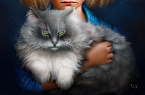 Обои на рабочий стол Огромный кот у девочки на руках, ву Helena