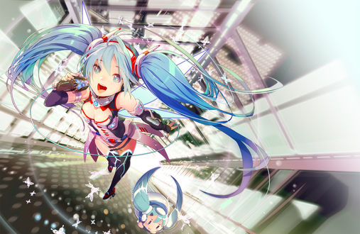 Обои на рабочий стол Vocaloid Hatsune Miku / Вокалоид Хатсуне Мику поет с микрофоном, рядом странное существо, art by Gin Oyoyo