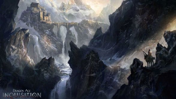 Обои на рабочий стол Из игры Dragon age: Inquisition / Инквищиция - замок всадник на лошади в ущелье и и каменный мост