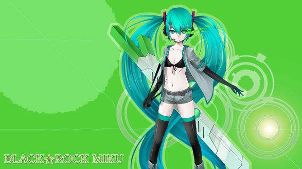 Обои на рабочий стол Вокалоид Хацунэ Мику / Vocaloid Hatsune Miku в шортах и с сельдереем, black rock, на зеленом фоне