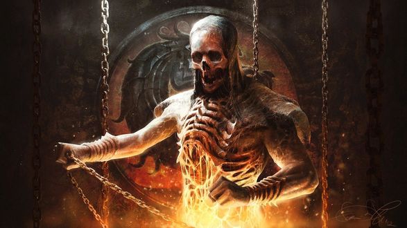 Обои на рабочий стол Популярный персонаж серии игр Mortal Kombat - Скорпион / Scorpion / в цепях, среди огня