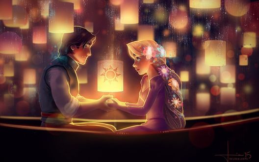 Обои на рабочий стол Rapunzel / Рапунцель и Флинн / Flynn сидят ночью в маленькой лодочке взявшись за руки, в ярком свете взлетающих вокруг китайских фонариков, мультфильм Tangled / Рапунцель: Запутанная история