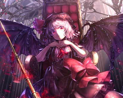 Обои на рабочий стол Remilia Scarlet / Ремилия Скарлет сидит на троне, персонаж из серии компьютерных игр Touhou Project / Проект «Восток, art by ryosios