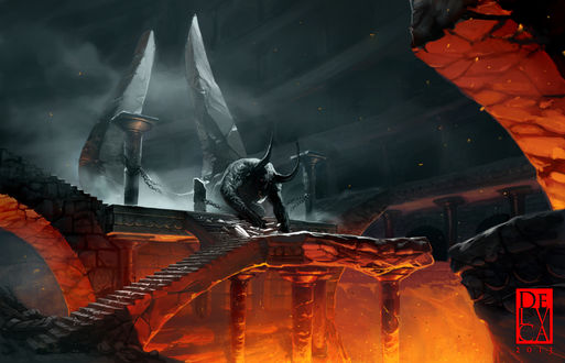 Обои на рабочий стол Минотавр, охраняющий вход в подземелье, art by Antonio de Luca