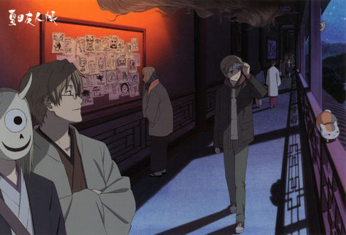 Обои на рабочий стол Takashi Natsume / Такаши Нацумэ, Nyanko-sensei / Нянко-сенсей и Shuuichi Natori из аниме Natsune Yuujinchou / Тетрадь друзей Нацумэ, art by Yuki Midorikawa