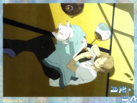 Обои на рабочий стол Takashi Natsume / Такаши Нацумэ и Nyanko-sensei / Нянко-сенсей спят на татами из аниме Natsune Yuujinchou / Тетрадь друзей Нацумэ, art by Yuki Midorikawa