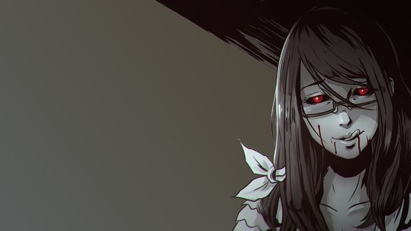 Обои на рабочий стол Rize Kamishiro / Ризэ Камиширо слизывает языком кровь из аниме Tokyo Ghoul / Токийский гуль