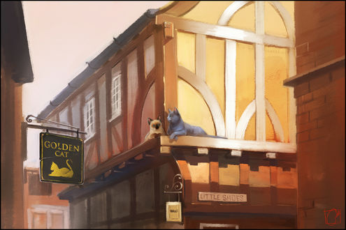 Обои на рабочий стол Кошки сидят на карнизе дома, где весит вывеска Golden cat / золотой кот, by GaudiBuendia
