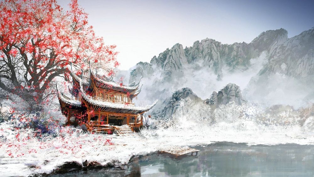 Обои для рабочего стола Храм под цветущей сакурой на берегу горного озера