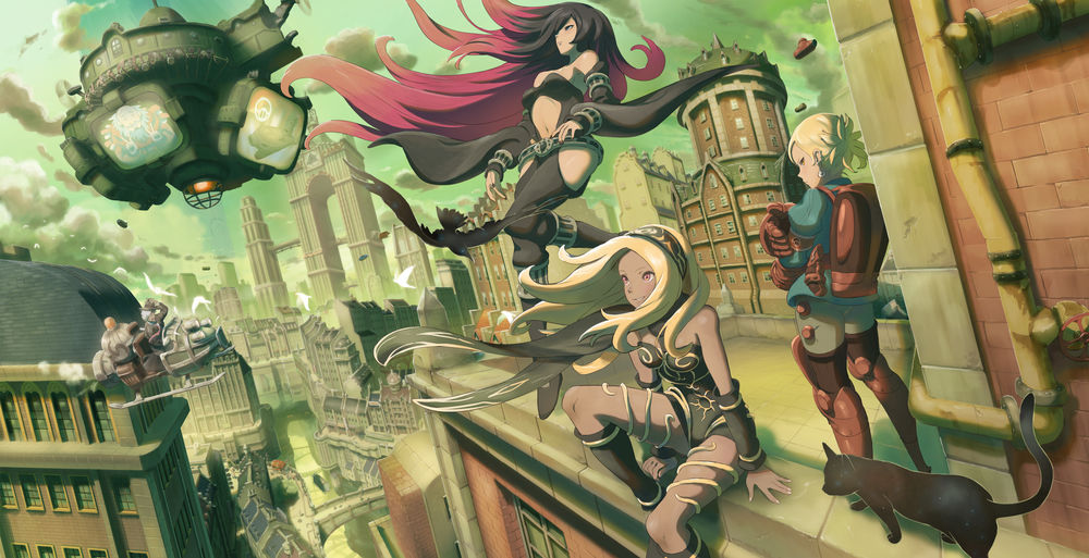 Обои для рабочего стола Kat / Кэт, Raven / Рэйвен и другие персонажи из игры Gravity Daze, art by inoki