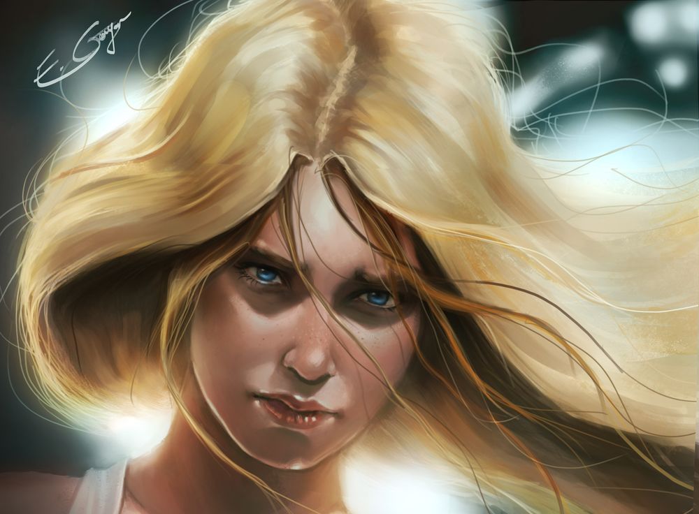 Обои для рабочего стола Девушка - блондинка Auri с голубыми глазами, by emmgoyer7