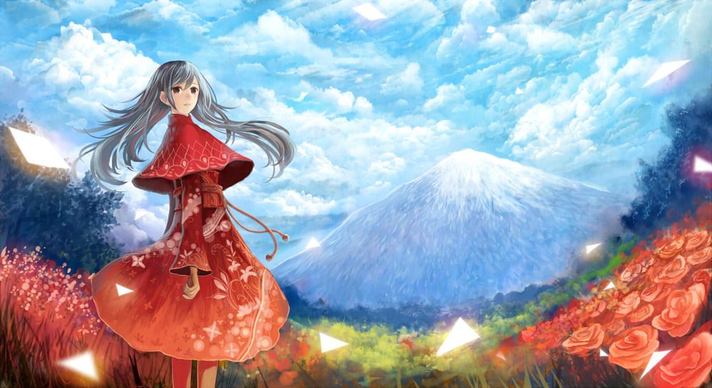 Обои для рабочего стола Девушка стоит среди цветов на фоне горы, by bounin