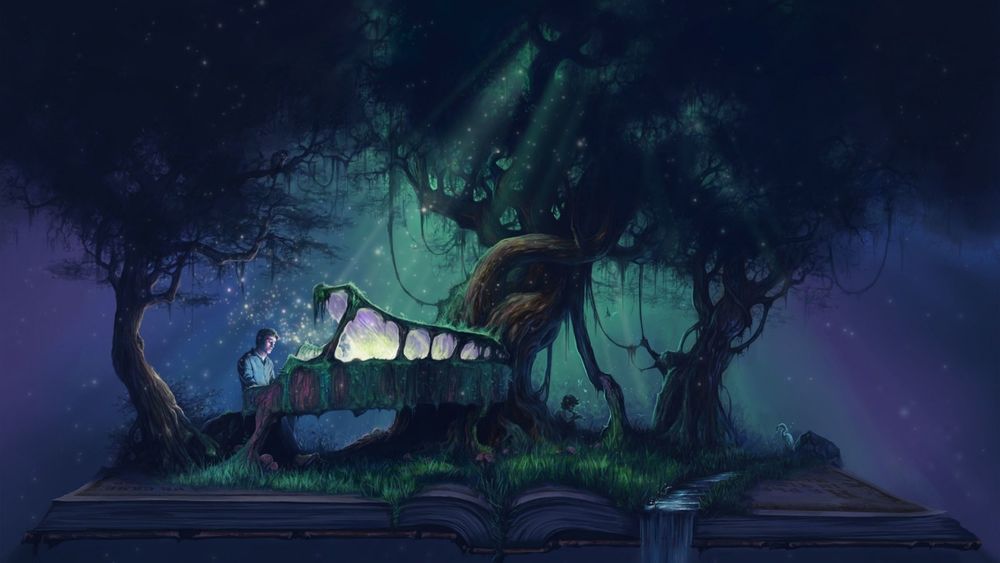 Обои для рабочего стола Темной ночью под сенью развесистых деревьев в лунном свете, пианист наслаждается волшебными звуками музыки