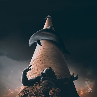 Обои на рабочий стол Фигура мальчика Ангелочка возле колонны, вокруг которой обвились дельфины, by BesnikMeti