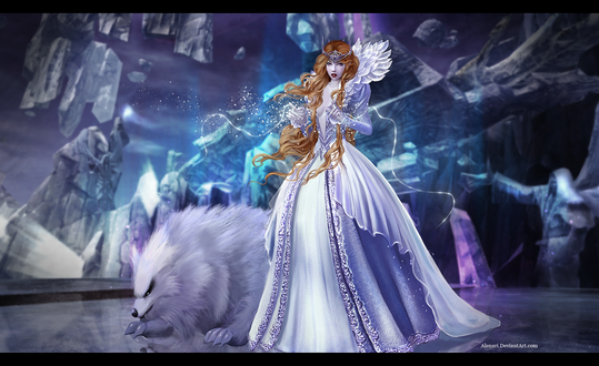 Обои на рабочий стол Aion / Айон, героиня компьютерной игры рядом с фантастическим животным, by Alenari