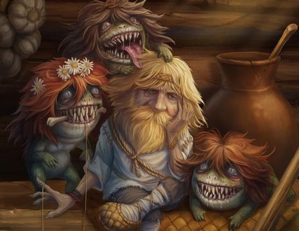 Обои на рабочий стол Старик и сказочные страшные персонажи вокруг него, by baklaher