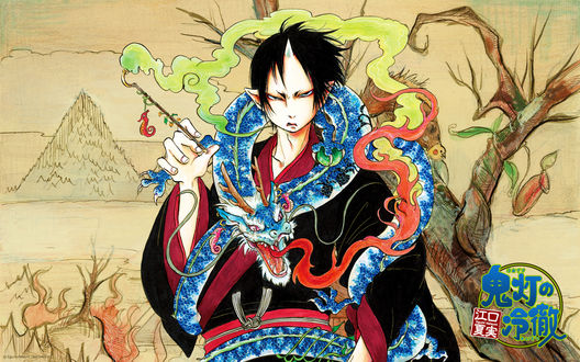 Обои на рабочий стол Хозуки / Hoozuki с голубым драконом на шее из аниме Хладнокровный Хозуки / Hoozuki no Reitetsu, art by Natsumi Eguchi