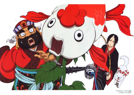 Обои на рабочий стол Хозуки / Hoozuki с Enma Daiou ловят рыбу из аниме Хладнокровный Хозуки / Hoozuki no Reitetsu, art by Natsumi Eguchi