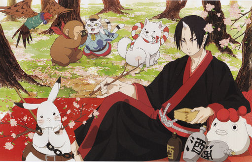Обои на рабочий стол Хозуки / Hoozuki с Koban, Kakisuke, Karashi и Rurio устроили пикник под цветущей сакурой из аниме Хладнокровный Хозуки / Hoozuki no Reitetsu, art by Natsumi Eguchi