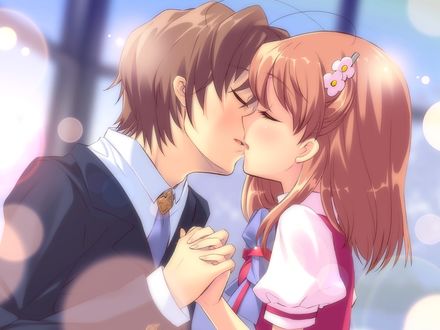 Обои на рабочий стол Нежный поцелуй парня с девушкой из манги Flyable Heart