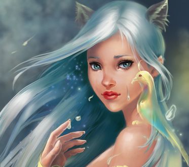 Обои на рабочий стол Девушка в образе кошки с птицей на плече, by AleksandraKhalilova