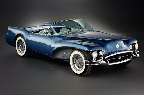 Обои на рабочий стол Ретро Кабриолет Синий 1954 Buick Wildcat II Concept на сером фоне