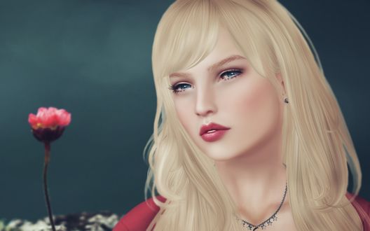 Обои на рабочий стол Светловолосая девушка с розовым цветком