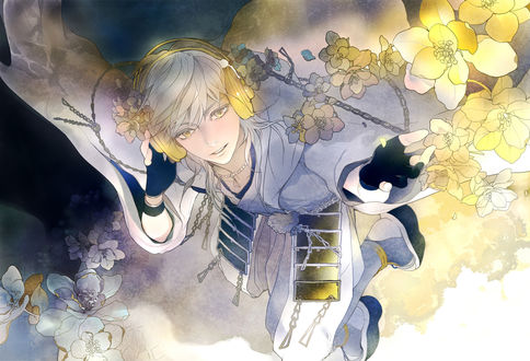 Обои на рабочий стол Tsurumaru Kuninaga любуется цветущей сакурой из игры Touken Ranbu