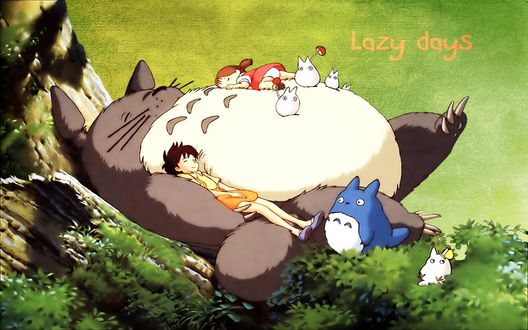 Обои на рабочий стол Мей Кусакабэ / Mei Kusakabe, Сацуки Кусакабэ / Satsuki Kusakabe и Тоторо / Totoro из аниме Мой сосед Тоторо / Tonari no Totoro (Lazy Days)