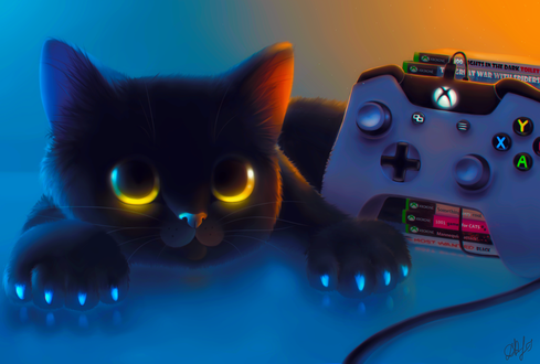 Обои на рабочий стол Черный котенок лежит на полу возле джойстика и игр на Xbox, by DamaskRose0503