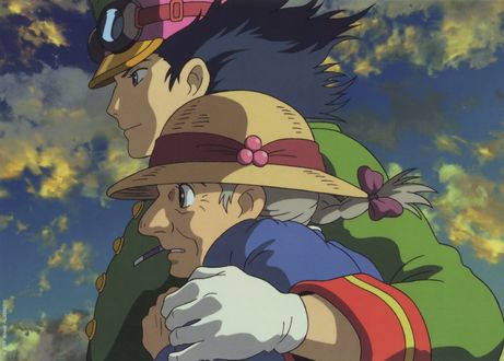 Обои на рабочий стол Howl / Хаул и Sophie Hatter / Софи Хаттер из аниме Howls Moving Castle / Ходячий замок Хаула, art by Hayao Miyazaki