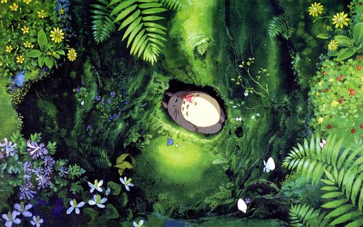 Обои на рабочий стол Мей Кусакабэ / Mei Kusakabe и Тоторо / Totoro спят в лесу из аниме Мой сосед Тоторо / Tonari no Totoro, art by Hayao Miyazaki