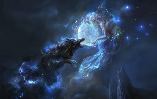 Обои на рабочий стол Девушка Обнимает луну и волк рядом с ней, by Madboni