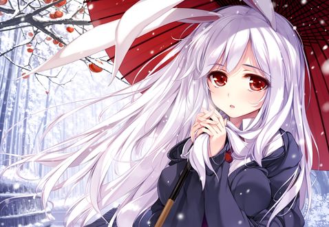 Обои на рабочий стол Reisen Udongein Inaba / Рейзен Удонгейн Инаба с зонтиком в руках стоит на улице под снегопадом, персонаж из серии компьютерных игр Touhou Project / «Проект «Восток»», art by ke-ta