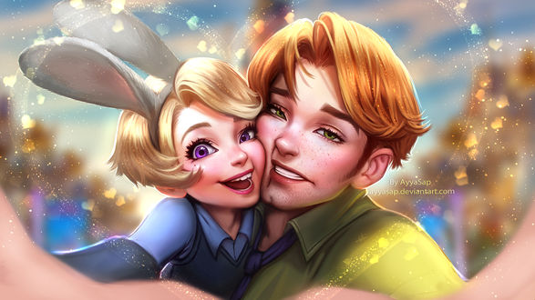 Обои на рабочий стол Джуди Хопс / Judy Hopps и Ник Уайлд / Nick Wilde из мультфильма Зверополис / Zootropolis, by AyyaSap