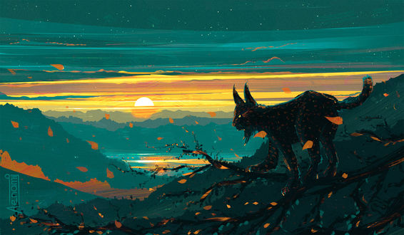Обои на рабочий стол Рысь стоит на ветке дерева, на фоне зарева, by Alena Aenami