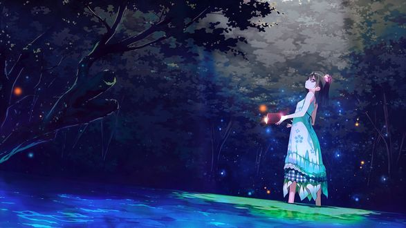 Обои на рабочий стол Девочка с книгой стоит в воде по сред сказочного леса, art by Kantoku