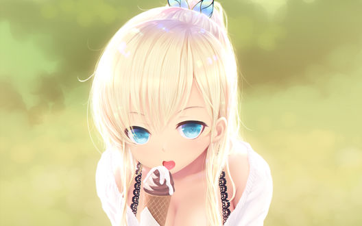 Обои на рабочий стол Сэна Касивадзаки / Sena Kashiwazaki ест мороженное, персонаж из аниме У меня мало друзей / Boku wa Tomodachi ga Sukunai, art by Cait