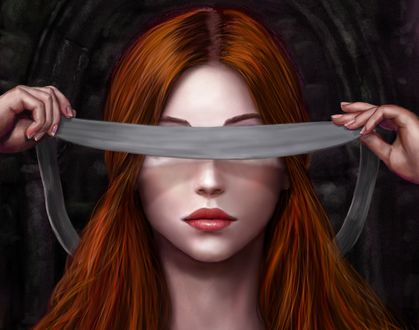 Обои на рабочий стол Руки держат ленту перед лицом девушки, by dashinvaine