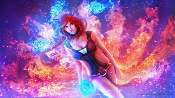 Обои на рабочий стол Огненная девятихвостая лисица Ари / Foxfire Ahri - the Nine-Tailed Fox из игры Лига Легенд / League of Legends, by MagicnaAnavi