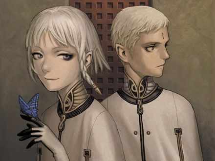 Обои на рабочий стол Dio Eraclea с бабочкой и Lucciola из аниме Last Exile / Изгнанник, art by Range Murata