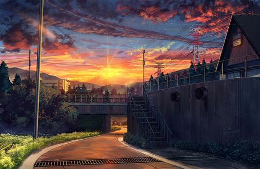 Обои на рабочий стол Ярко светящееся солнце над городом, by PJYNico